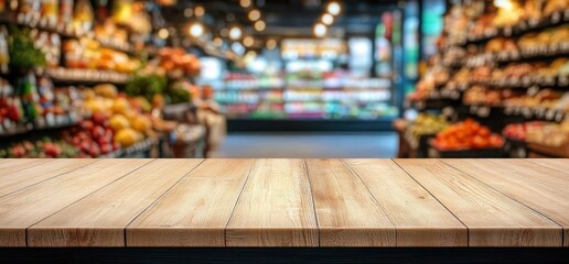 Empty wooden tabletop in foreground with blurred colorful grocery produce aisles and warm bokeh lights, inviting market atmosphere and fresh produce displays