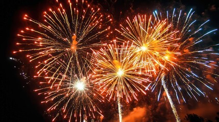 colorful fireworks bursting in a night sky above silhouetted treetops, bright golden red and blue explosions conveying celebration, excitement and wonder