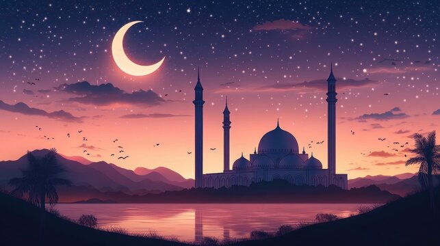 Serene twilight mosque silhouette with tall minarets by a reflective lake, crescent moon and twinkling stars over distant mountains, palm trees and birds at sunset