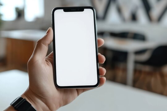 Hand holding modern smartphone with blank white screen and smartwatch on wrist in a blurred office cafe background conveying anticipation and focus