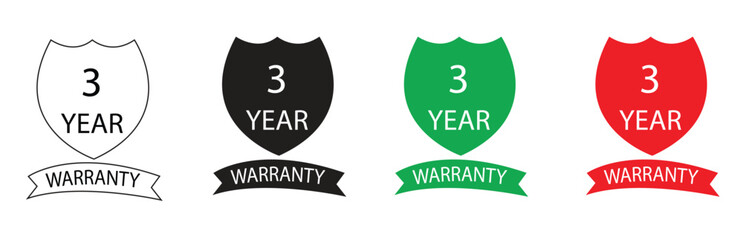 A set of four shield-shaped icons representing a three year warranty, with variations in outline, black, green, and red fill, isolated on a white background for easy integration into designs.