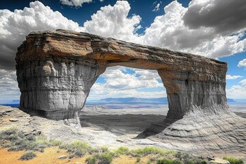 massive sandstone arch spanning twin pedestal pillars over a vast desert plain with distant mesas under a dramatic cloudy blue sky, evoking awe and solitude