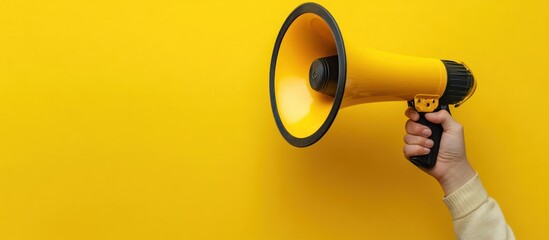 hand holding yellow megaphone against solid yellow background conveying bold announcement and urgency