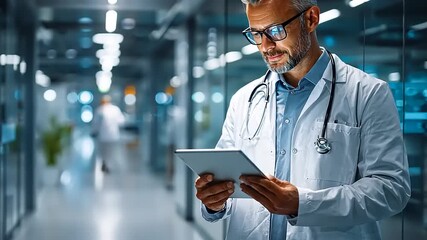 Doctor in a modern hospital corridor examines a tablet, while another medical professional walks by - Powered by Adobe