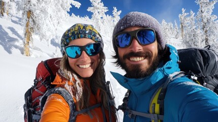 Adventurous couple conquering snowy terrain with joy and determination selfie