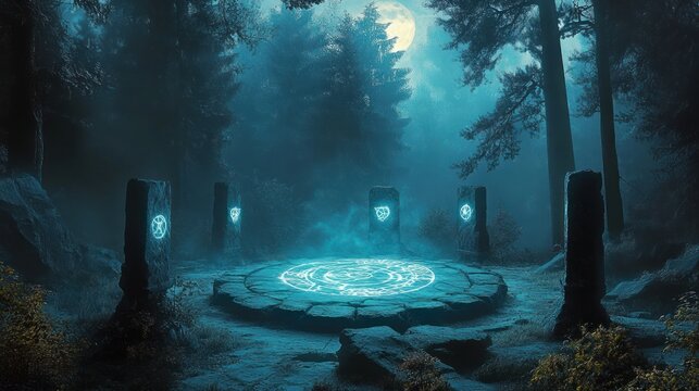 Mysterious moonlit forest stone circle with glowing runes on ancient standing stones and swirling mist