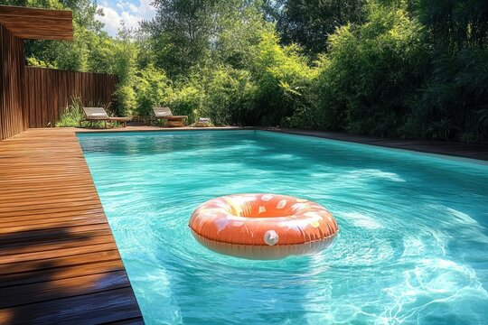 Sunlit backyard swimming pool with orange donut float drifting in turquoise water, wooden deck, lounge chairs and lush greenery evoking a calm, relaxing summer mood