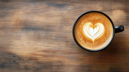 overhead view of a black cup of latte with heart-shaped foam art on a warm rustic wooden table, cozy inviting morning mood