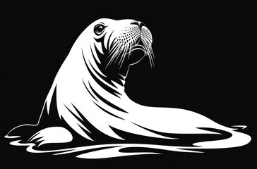 high-contrast black and white sea lion resting on water with ripples and whiskered muzzle, gazing upward with a calm proud expression