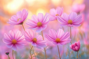 Delicate pink cosmos flowers with yellow centers and buds on slender stems in a soft meadow bathed in warm golden backlight, dreamy and serene