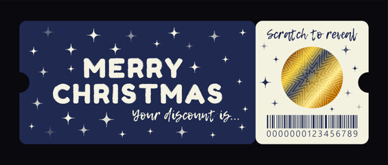 Merry Christmas gift ticket template. Scratch to reveal your discount. Dark blue background and stars. Vector layout for social posting and marketing campaign.