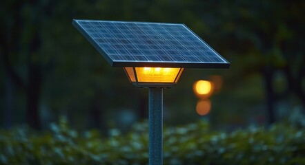 solar-powered park lamp with glowing warm light at dusk, serene tranquil evening with blurred trees and bokeh lights