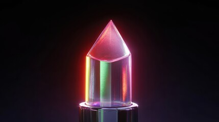 glowing transparent crystal prism with pointed tip on reflective metallic base emitting neon rainbow light against dark background, futuristic and mystical mood