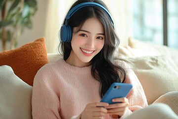 young woman in pink sweater wearing blue headphones sits on couch holding a blue smartphone, relaxed and focused in a cozy sunlit living room with orange cushion