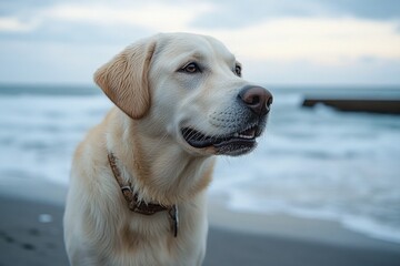 calm golden retriever with collar and id tag sitting on a sandy beach near gentle ocean waves under a cloudy sky, looking thoughtful and peaceful