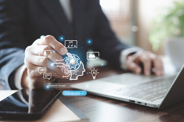 Businessman hand using stylus pen with AI brain interface. Concept of artificial intelligence technology for creative content generation, smart digital business automation, and future innovation.