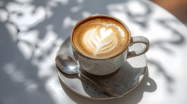 Delicate latte art heart shape in a speckled ceramic cup with a spoon on a saucer.