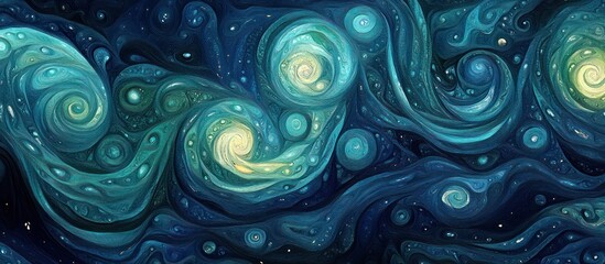 Fototapeta premium Abstract painting of swirling blue and green patterns with stars.