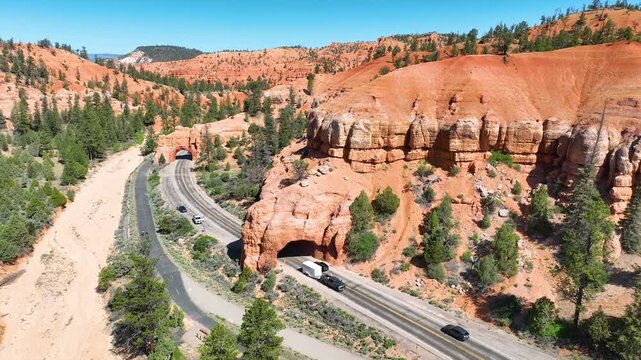 Aerial Red Canyon Tunnel Dixie Forest Fly Over Forward Motion