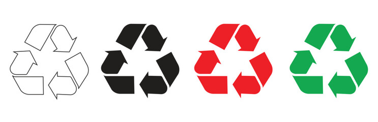 Multiple variants of recycle symbols in outline, black, red, green, for environmental protection, waste reduction, sustainability, isolated on transparent background.