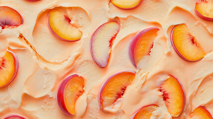 Creamy peach fruit yogurt texture, healthy sweet organic summer snack, delicious swirl pattern closeup, fresh ripe pulp surface background
