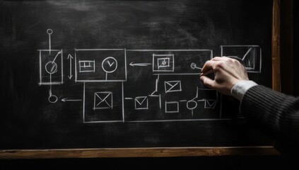 hand drawing a chalk flowchart with boxes and arrows on a blackboard conveying focused planning and thoughtful analysis
