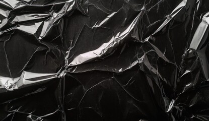 Crumpled glossy black plastic sheet with reflective highlights and deep shadows, moody dramatic abstract texture