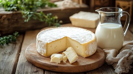 round soft ripened cheese wheel with a wedge cut on a wooden board, crumbled slices, glass jug of milk, rustic cloth and herbs on a warm wooden table, cozy inviting scene