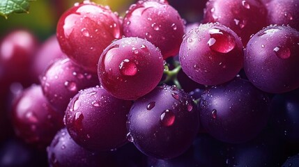 close-up of a dewy bunch of ripe purple grapes with glistening water droplets and a green leaf, fresh and juicy