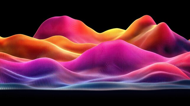Colorful, wavy, 3D landscape on black background