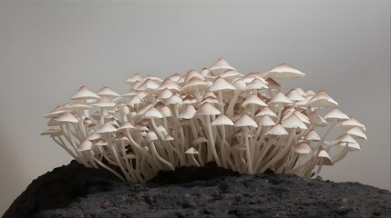 Close-up cluster of delicate white and tan mushrooms sprouting from dark soil on grey background