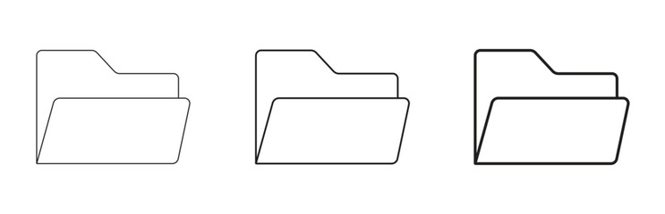 Multiple variants of simple black outline folder icons, perfect for illustrating digital data, file organization, document storage, and computer directories, isolated on transparent background.