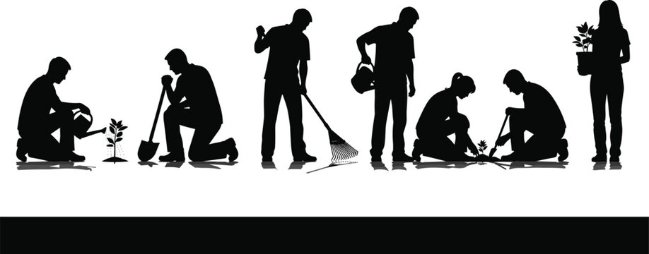 Black and white silhouette vector banner showing a diverse group of people, including men and women, planting, watering, and maintaining plants and soil in a community gardening project.