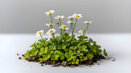 Small bush of daisies with green leaves and dark soil isolated on white background