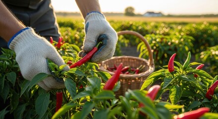 Farmer Harvesting Red Chili Peppers in Field