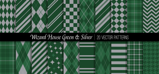 Naklejka premium Wizard School Green and Silver House Vector Patterns. Preppy Argyle, Stripes, Checks, Tartan Plaid and Harlequin. Repeating Pattern Tile Swatches Incl.