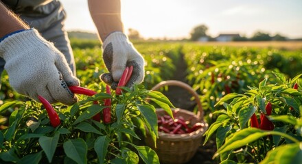 Farmer Harvesting Red Chili Peppers in Field