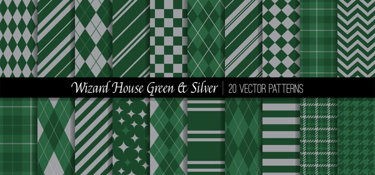 Wizard School Green and Silver House Vector Patterns. Preppy Argyle, Stripes, Checks, Tartan Plaid and Harlequin. Repeating Pattern Tile Swatches Incl.