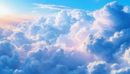 Vast sea of fluffy cumulus clouds glowing with pastel sunrise light, creating a serene and dreamy sky
