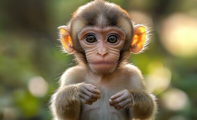 backlit baby monkey with glowing ears and tiny hands reaching forward, soft fur and curious innocent expression in warm bokeh forest light