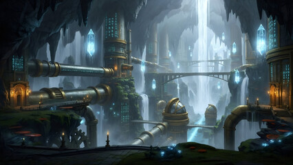 Enchanting Underground Cityscape with Futuristic Architecture and Glowing Lights.