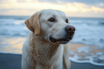 golden retriever on wet sandy beach gazing toward the sea at sunset, calm and contemplative atmosphere