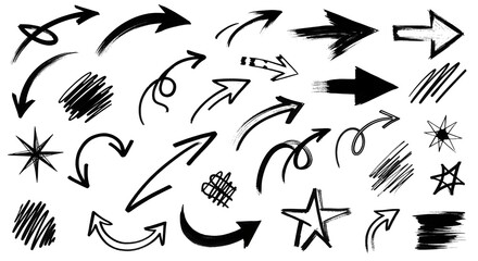 Collection of hand drawn arrows and scribbled elements on white background