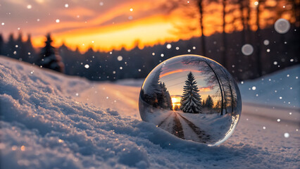 Lens ball reflecting snowy winter forest scene at sunset