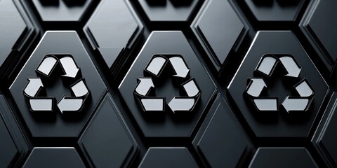 Three metallic recycling symbols embossed on glossy black hexagonal tiles, sleek futuristic eco-conscious design