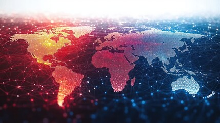 Glowing digital world map of continents formed by illuminated points and interconnected network lines in red and blue, futuristic and dynamic