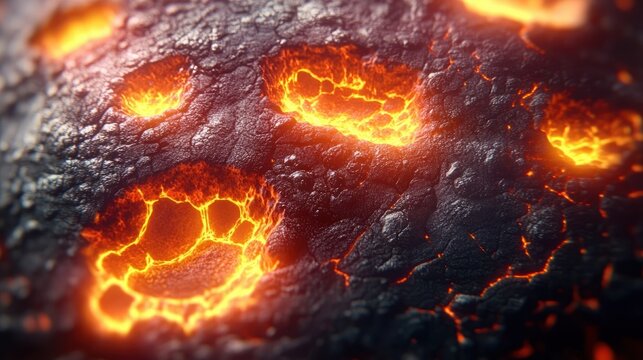 Close-up of cracked black volcanic crust with glowing molten lava pockets and fiery fissures, conveying intense heat, danger and dramatic, ominous energy