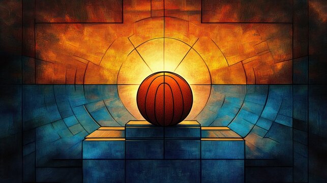 basketball on a pedestal with glowing halo and radiant sunburst over textured geometric blue and orange panels, evoking triumph and reverent celebration