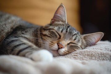 close-up of a relaxed tabby cat sleeping peacefully on a soft blanket, cozy and content
