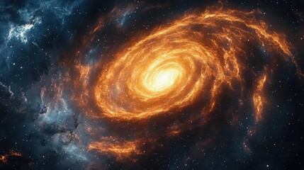 Fiery orange spiral galaxy with a glowing bright core and blue nebula clouds swirling through starry space, evoking awe and cosmic wonder
